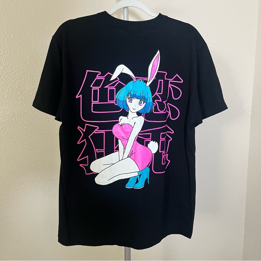 R2 Black Tee with Pink and Blue Graphic